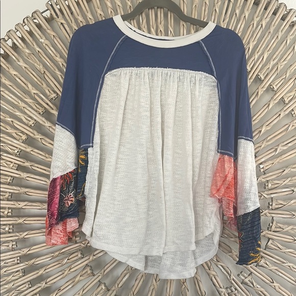Colorblock Boho Top - Blue and White - Picture 1 of 4